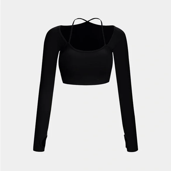 Halara Black Long Sleeve Crop Top Bra - Picture 8 of 11